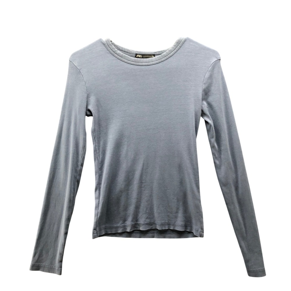 Zara Ribbed Long Sleeve T-Shirt Womens S Blue Sunwashed Crewneck Faded Mineral